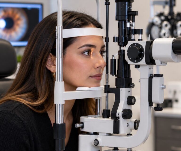 Adult patient having a slit-lamp eye exam