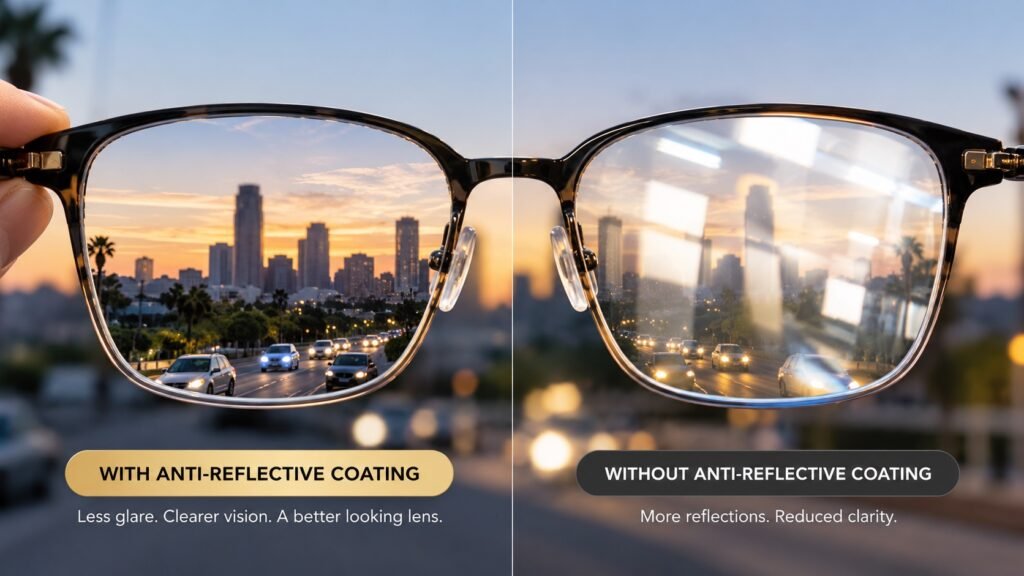 Eyeglasses with and without anti-reflective coating, showing less glare with the anti-glare coating