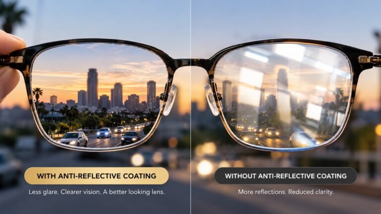 Eyeglasses with and without anti-reflective coating, showing less glare with the anti-glare coating