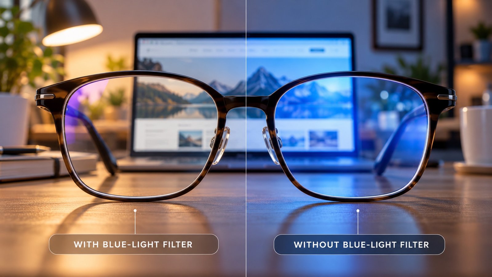 Eyeglasses with and without a blue light filter in front of a laptop screen