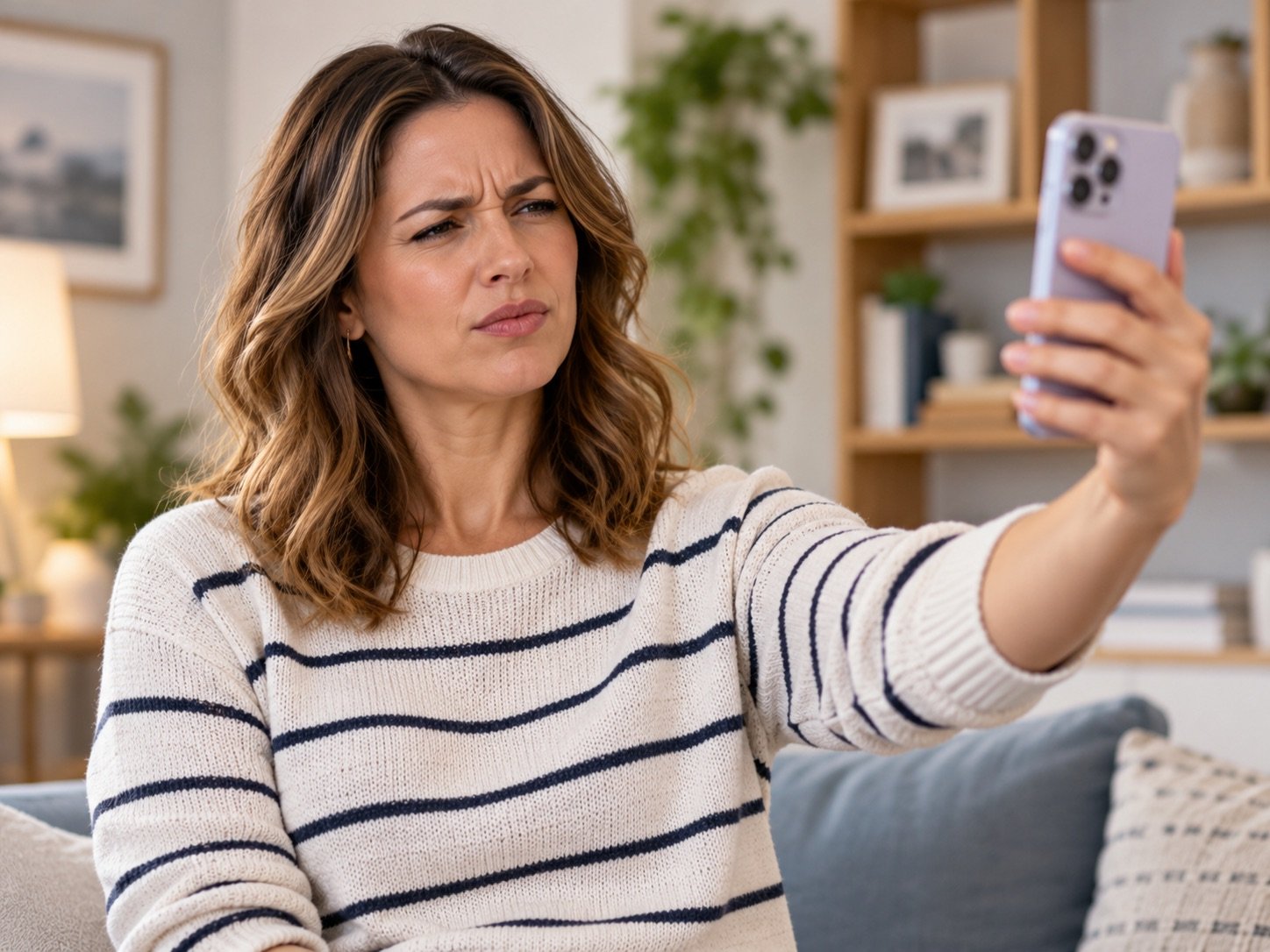 Woman squinting at a smartphone held at arm’s length because of blurry vision