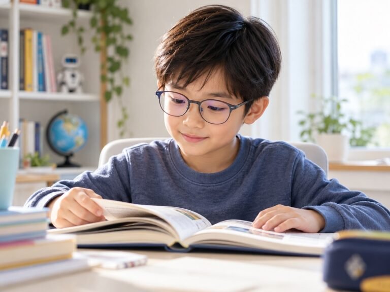 Boy wearing glasses reading a book at a sunny desk