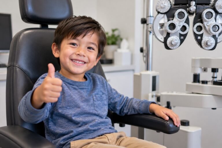 Happy child giving a thumbs-up in the exam chair during a children’s eye exam