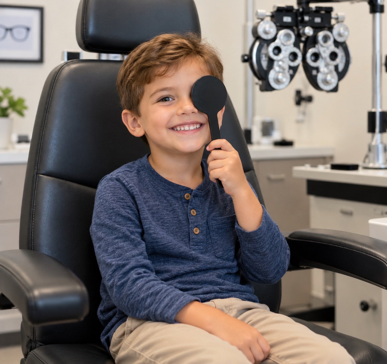 Smiling young boy covering one eye during a pediatric eye exam