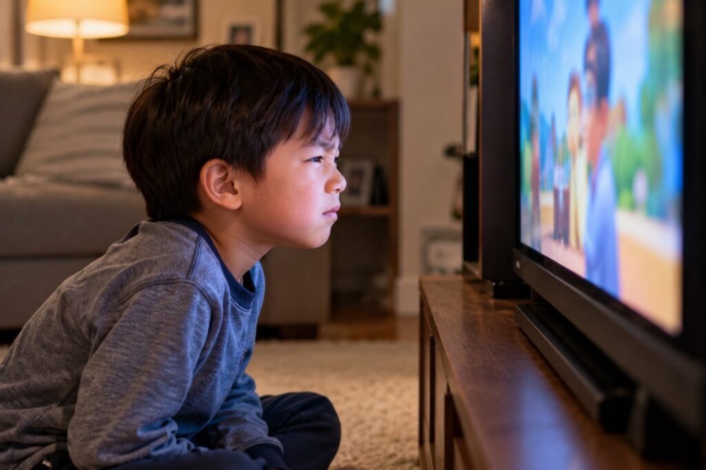 Child sitting close to the TV, a common early sign of nearsightedness
