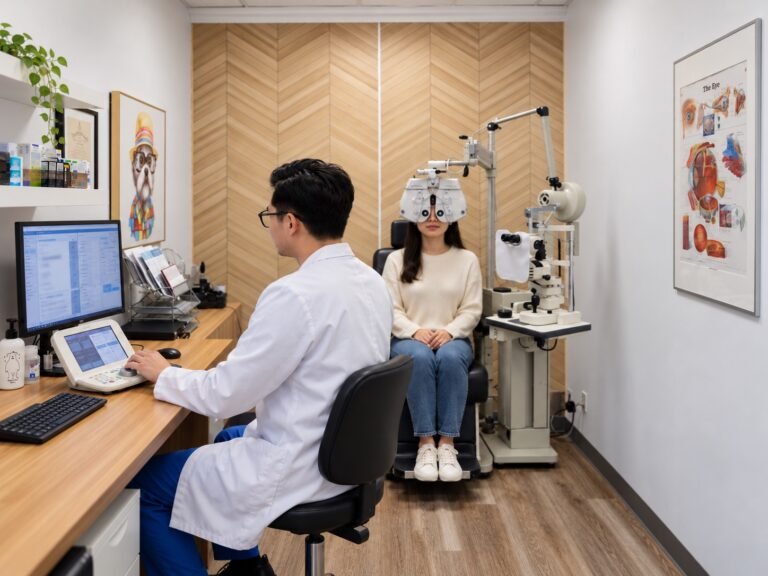 Patient in the exam chair during a comprehensive eye exam as the optometrist records results