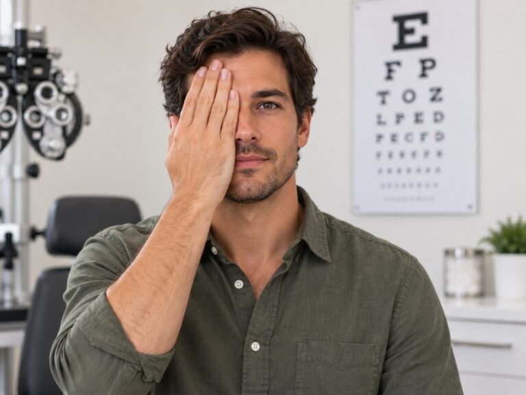 Man covering one eye during an eye exam with an eye chart behind him