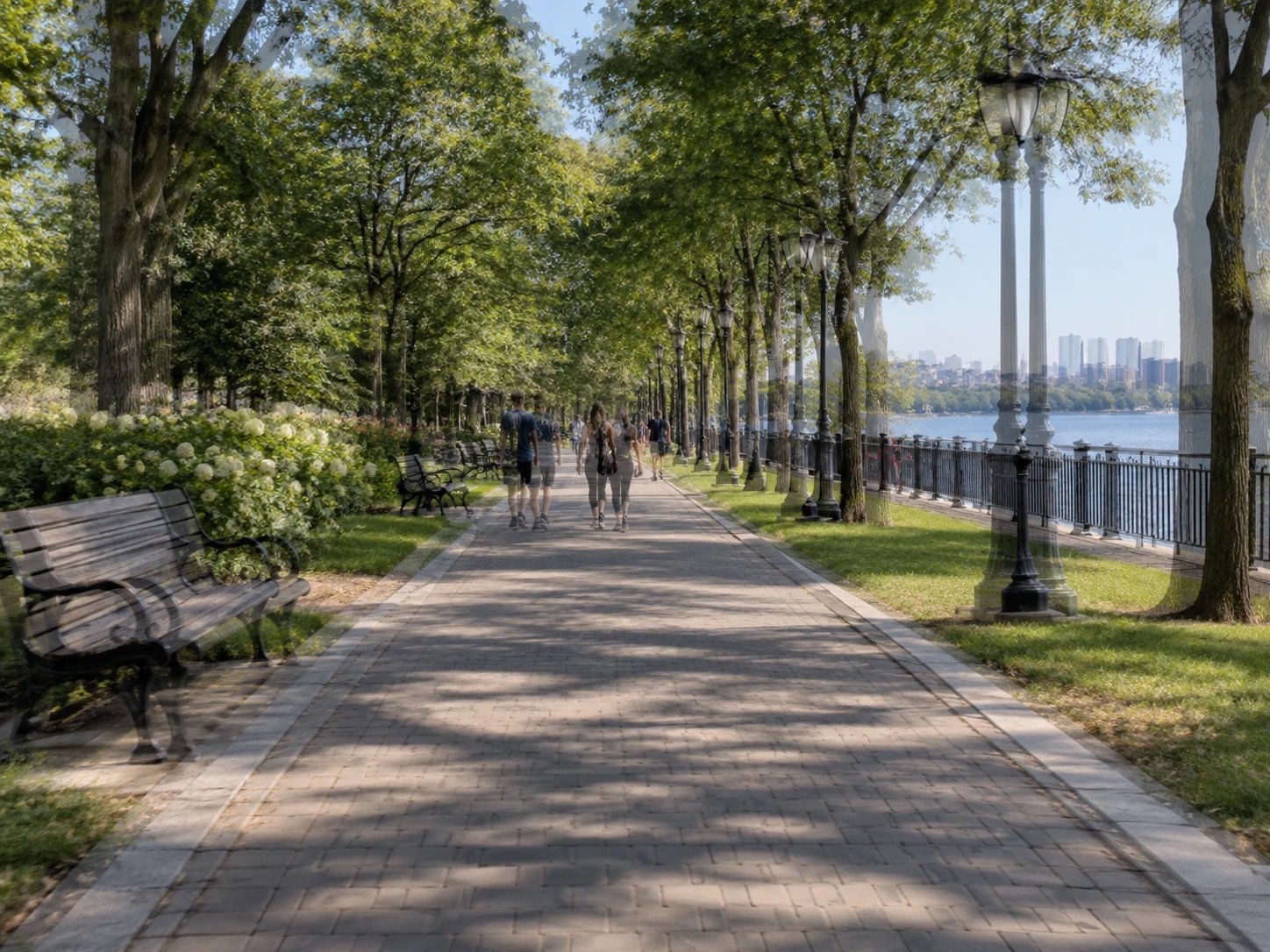 Tree-lined park path seen with a ghosted second image, simulating double vision