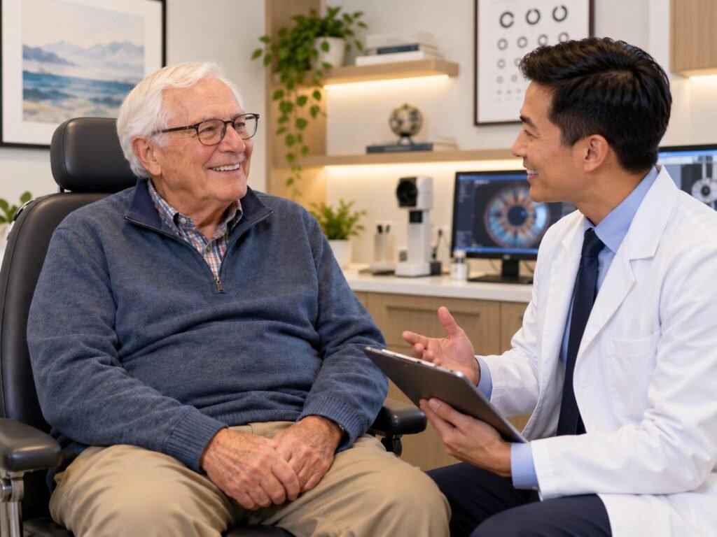 Optometrist reviewing eye exam results with a smiling senior patient