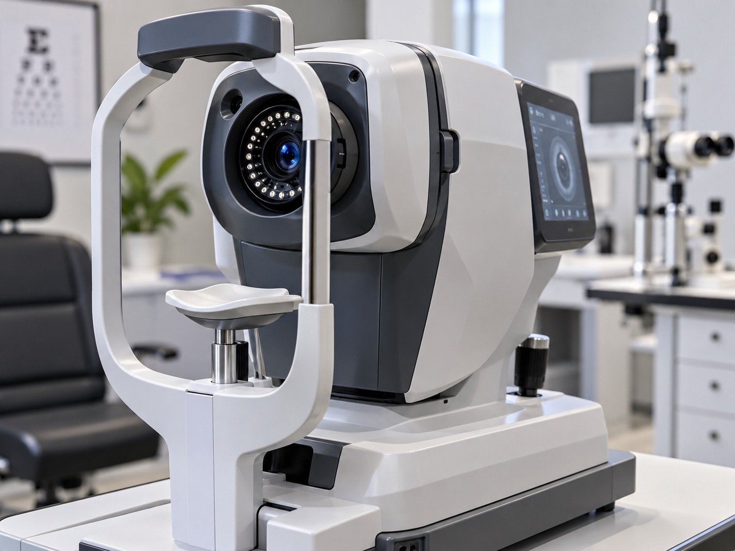 Eye pressure (tonometry) and diagnostic instrument in an eye exam room