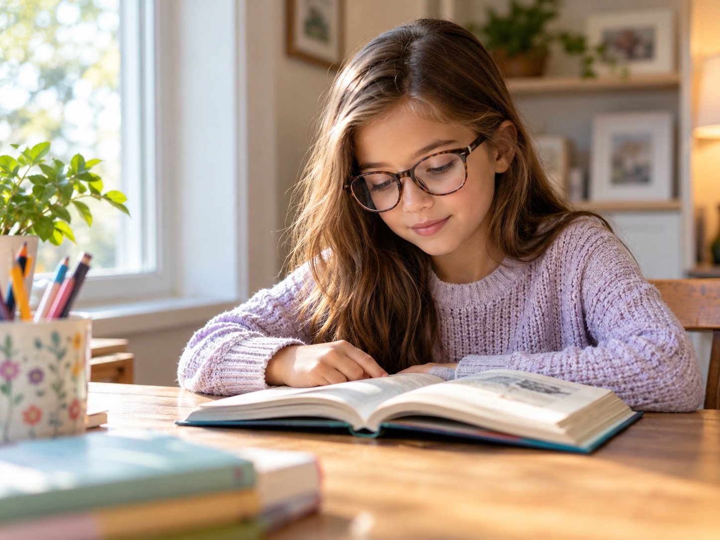 Nearsighted girl reading a book while wearing glasses by a window