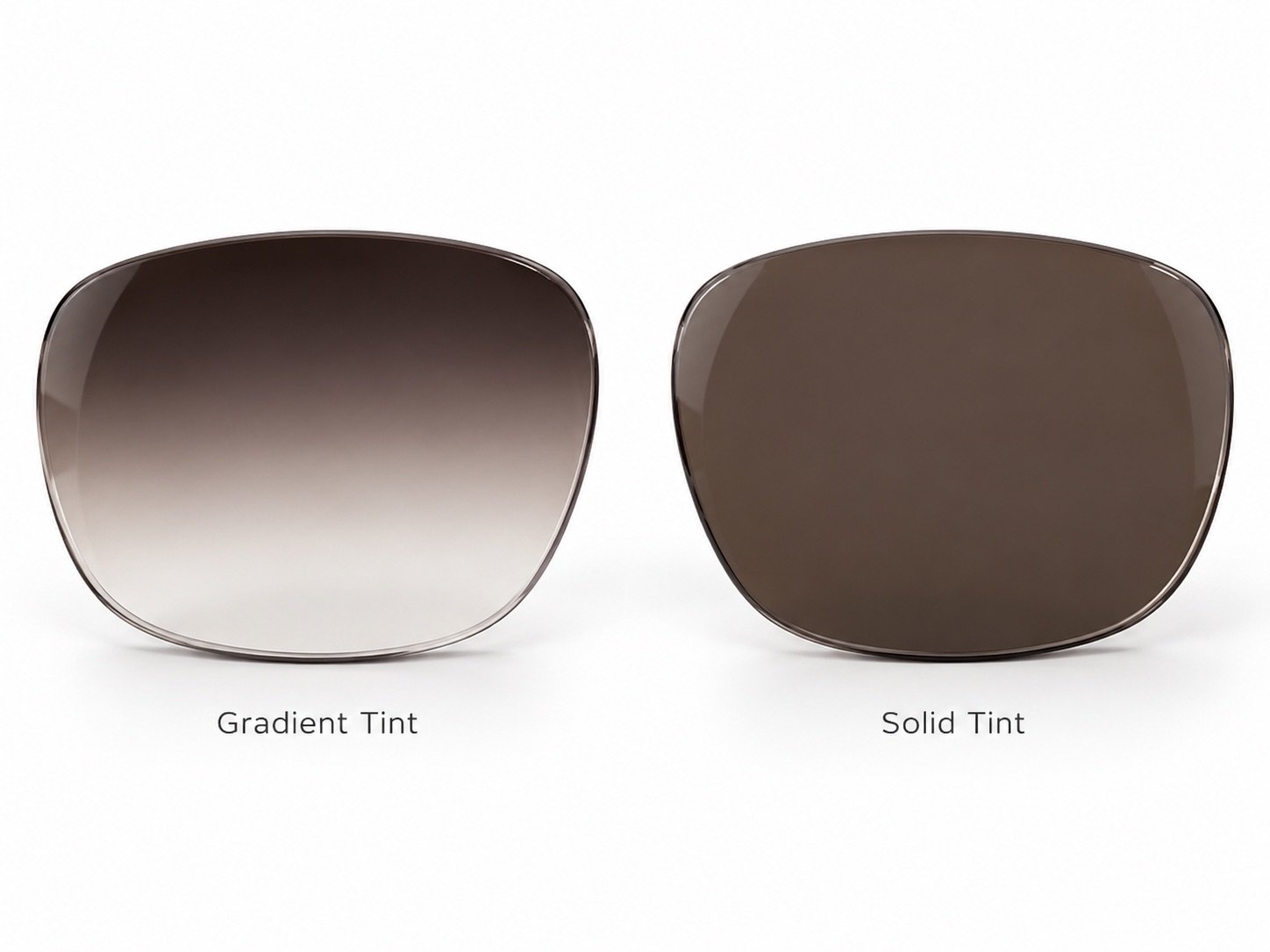 Gradient tint sunglass lens next to a solid tint lens