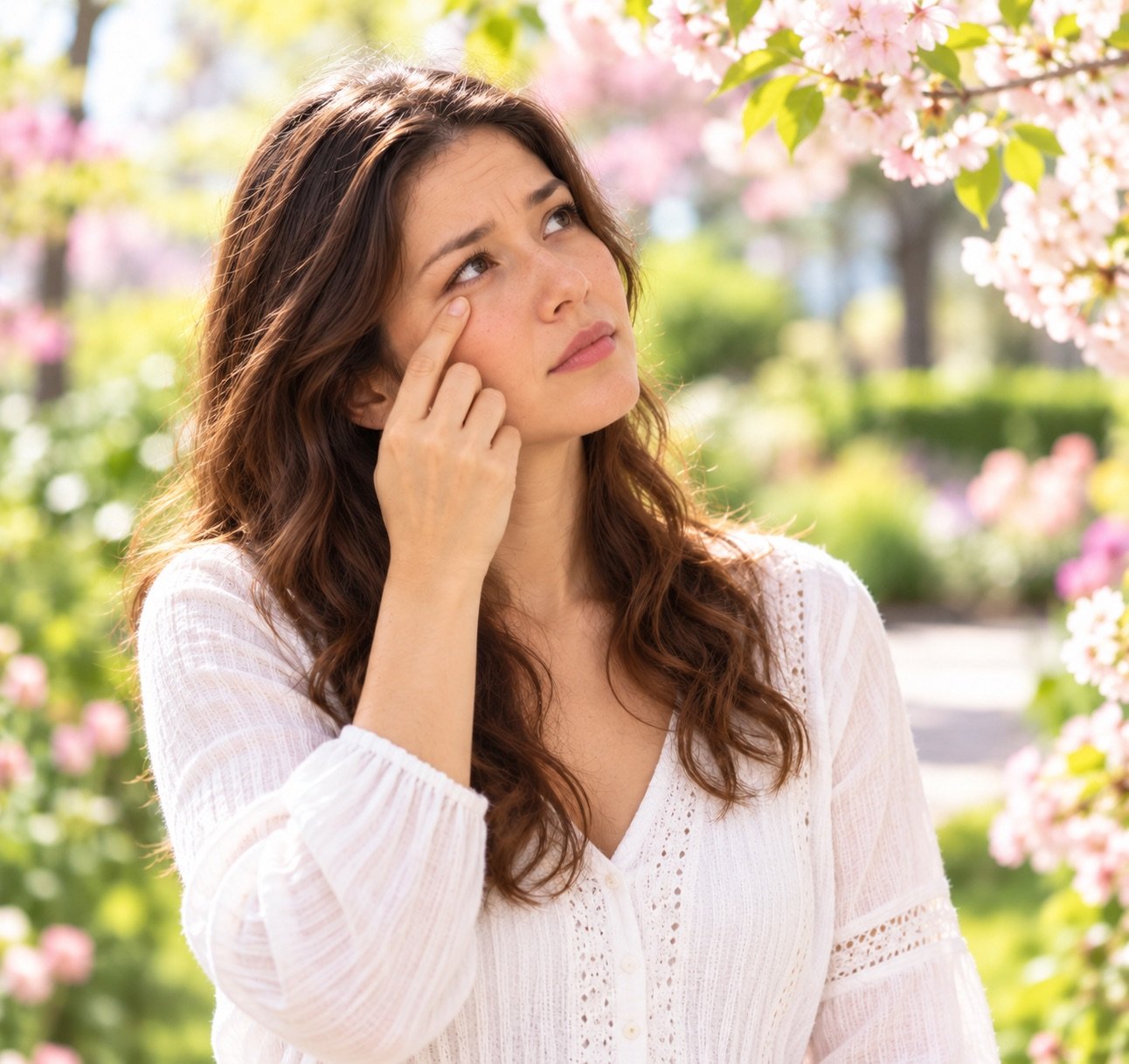 Woman with itchy, watery eyes from spring allergies outdoors
