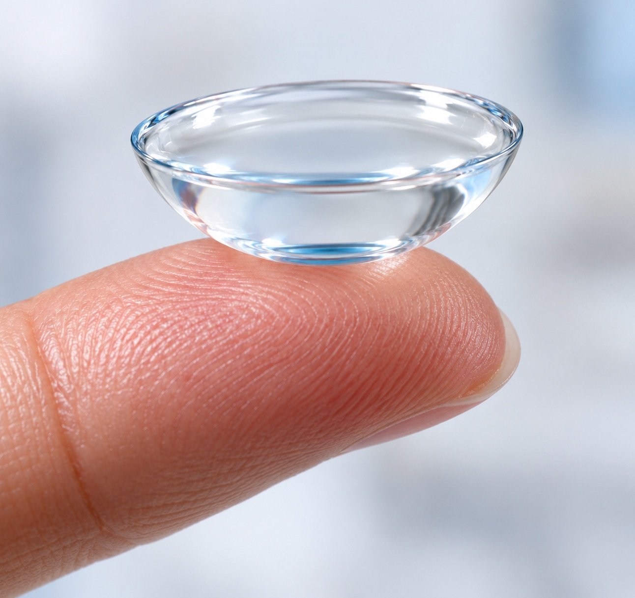 Clear contact lens balanced on a fingertip