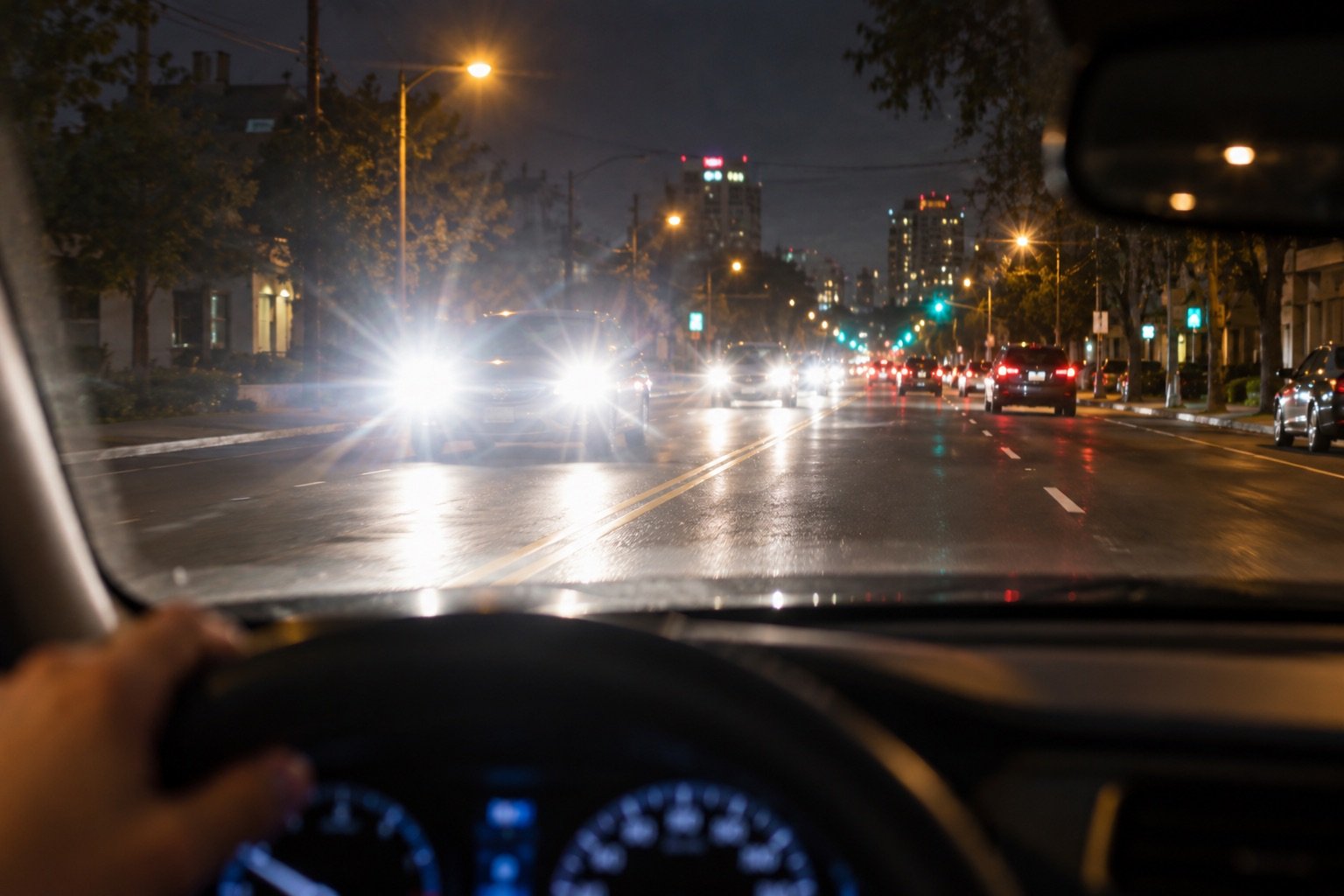 Driver’s view of a wet city street at night with glare from oncoming headlights