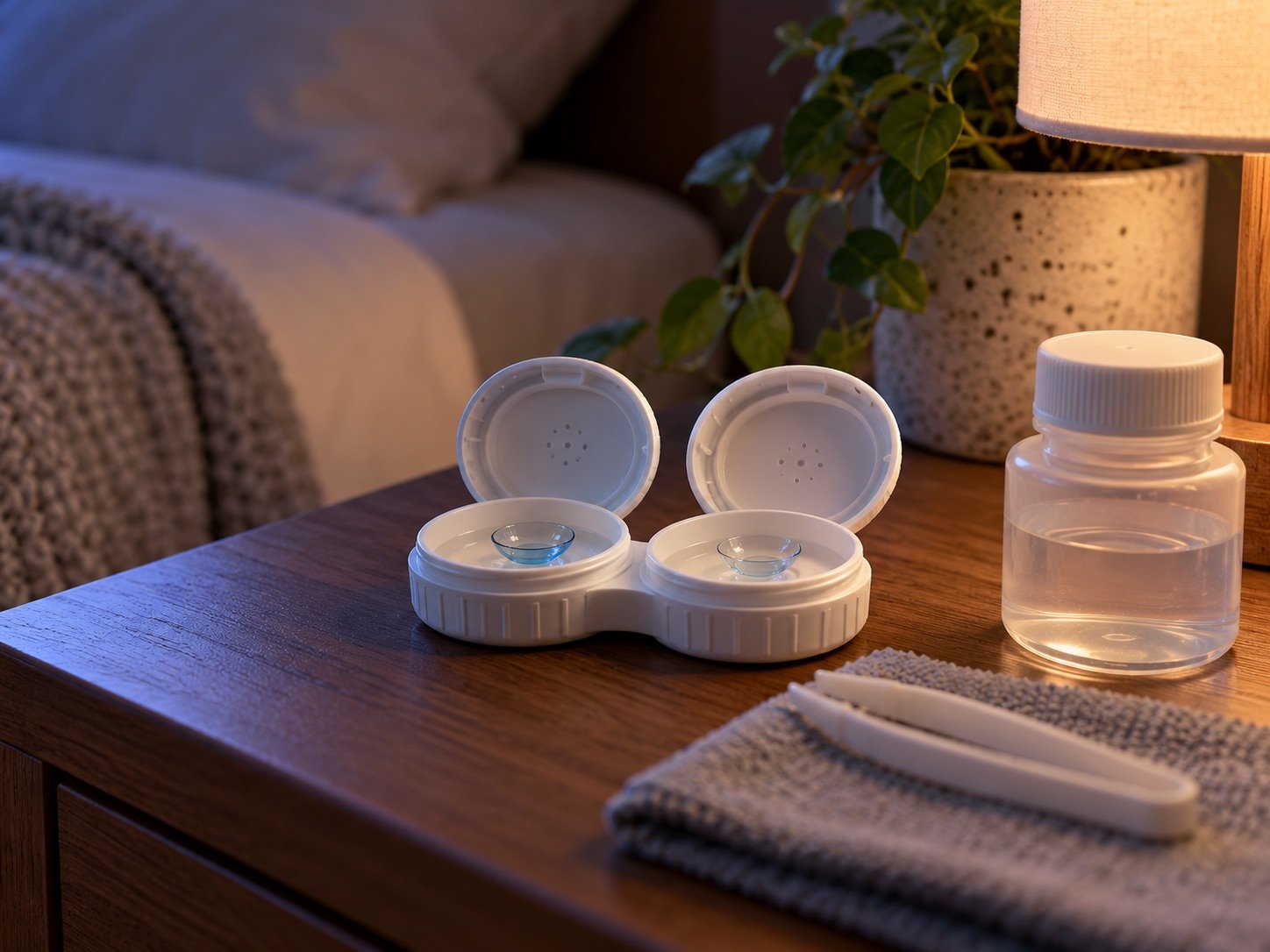 Ortho-K overnight contact lens case, solution and tweezers on a bedside table