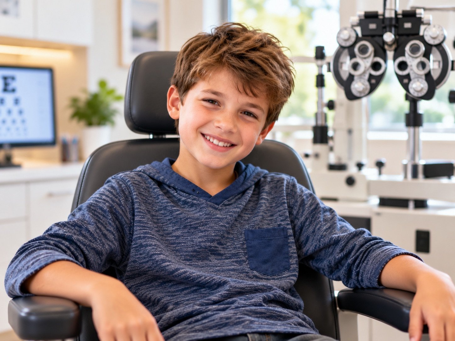 Smiling boy sitting in the exam chair at a pediatric eye exam