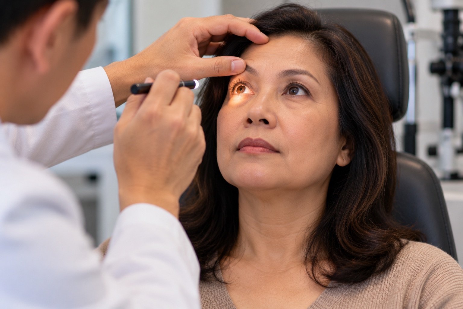 Optometrist examining a patient’s eye with a penlight