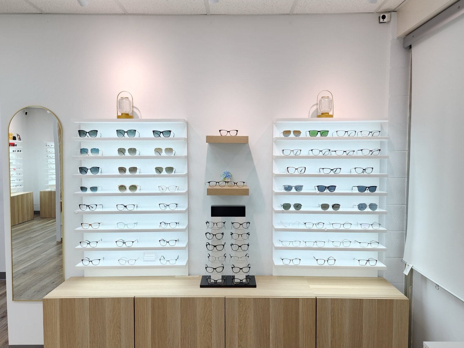 Designer eyeglass and sunglass display at the Radiant Optometry optical in Bellflower, CA