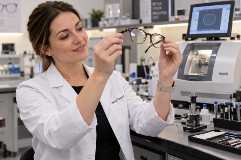 Optician checking a newly finished pair of tortoiseshell eyeglasses