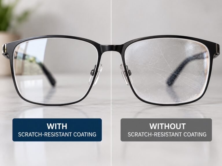 Glasses lens with scratch-resistant coating next to a scratched uncoated lens