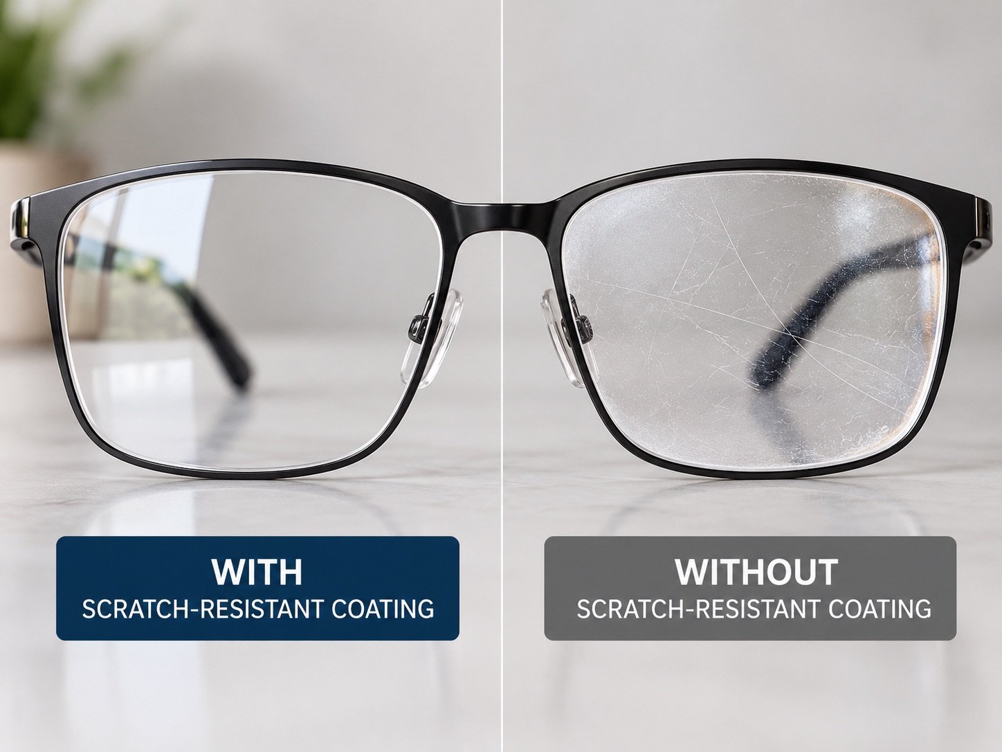 Glasses lens with scratch-resistant coating next to a scratched uncoated lens