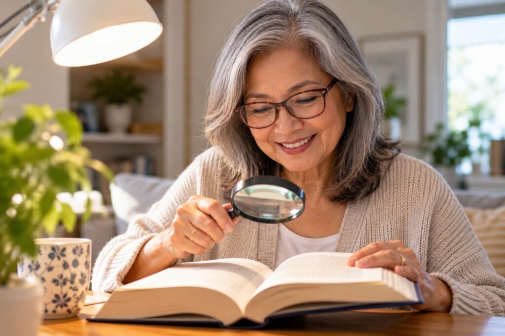 Senior woman reading a book with a magnifying glass