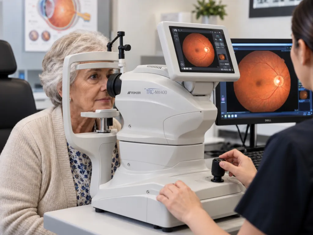 Senior patient having retinal photos taken during an eye exam
