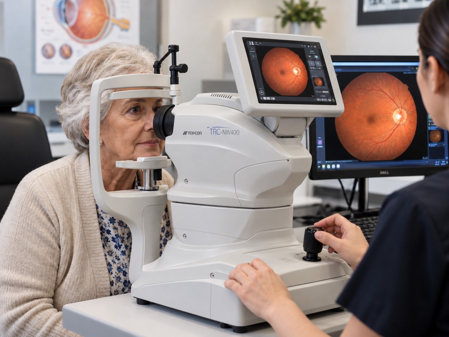 Senior patient having retinal photos taken during an eye exam