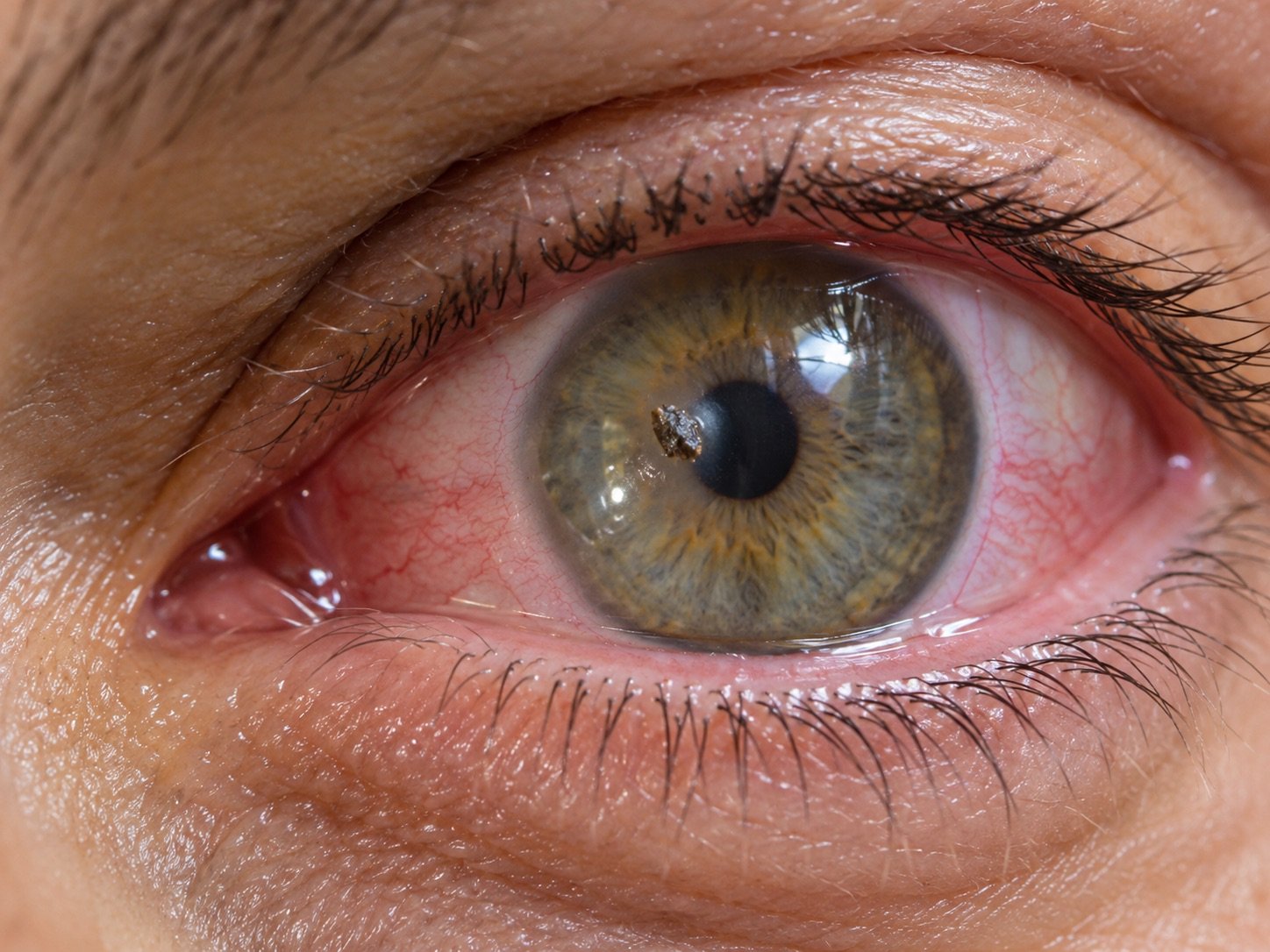 Close-up of a red, irritated eye with a small speck of debris on the cornea