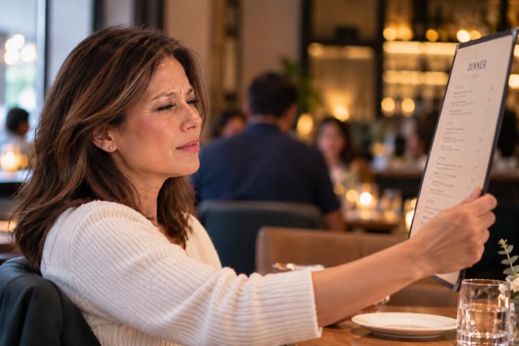 Woman squinting to read a restaurant menu up close