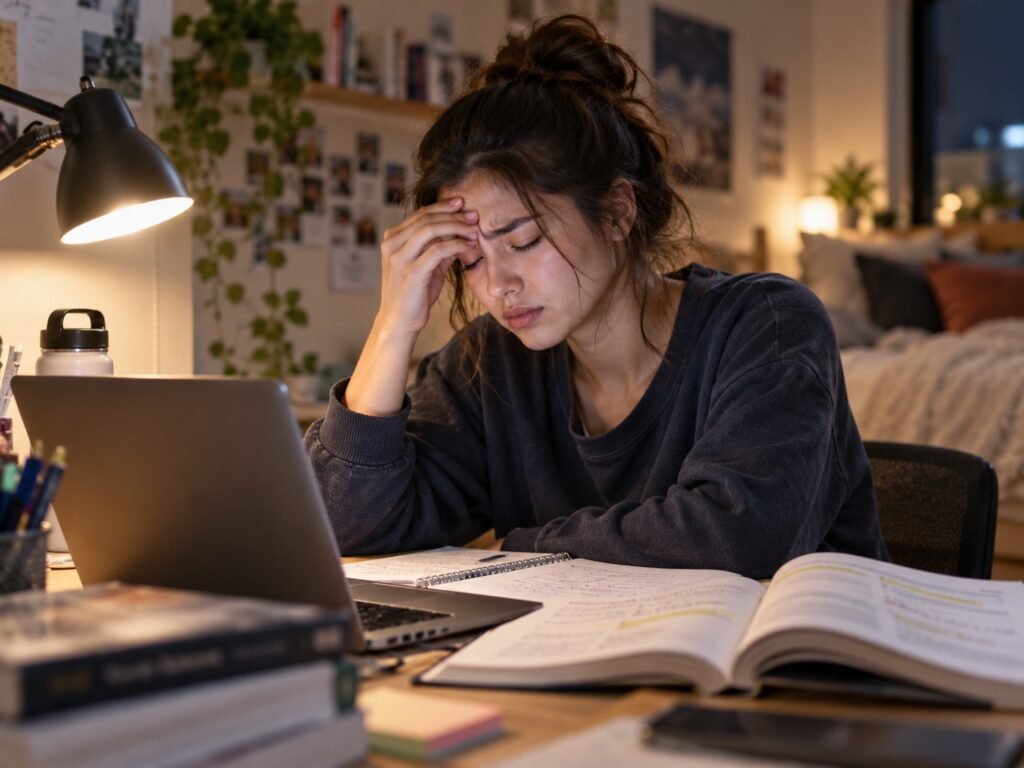Student with eye strain and a headache studying late at night