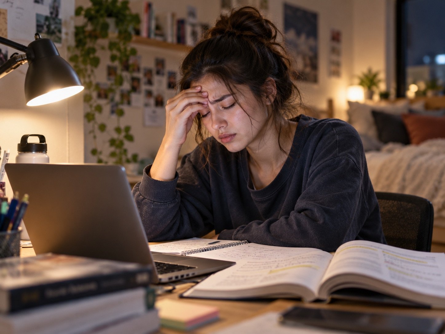 Student with eye strain and a headache studying late at night