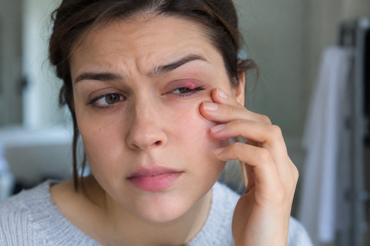 Woman with a red, swollen stye on her upper eyelid