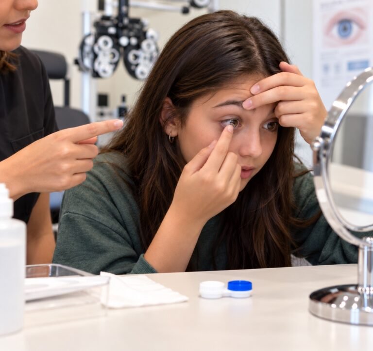 Teen learning to put in contact lenses with help during a contact lens fitting