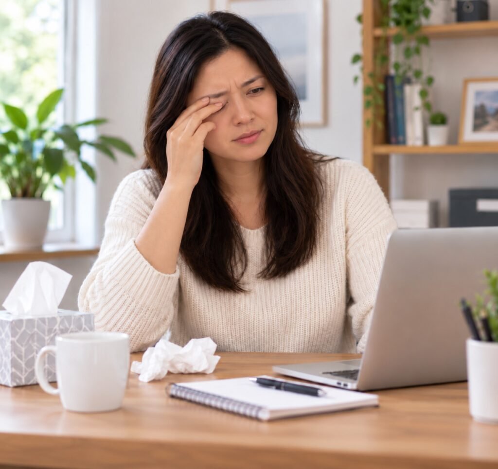 Woman rubbing tired eyes from digital eye strain while working on a laptop