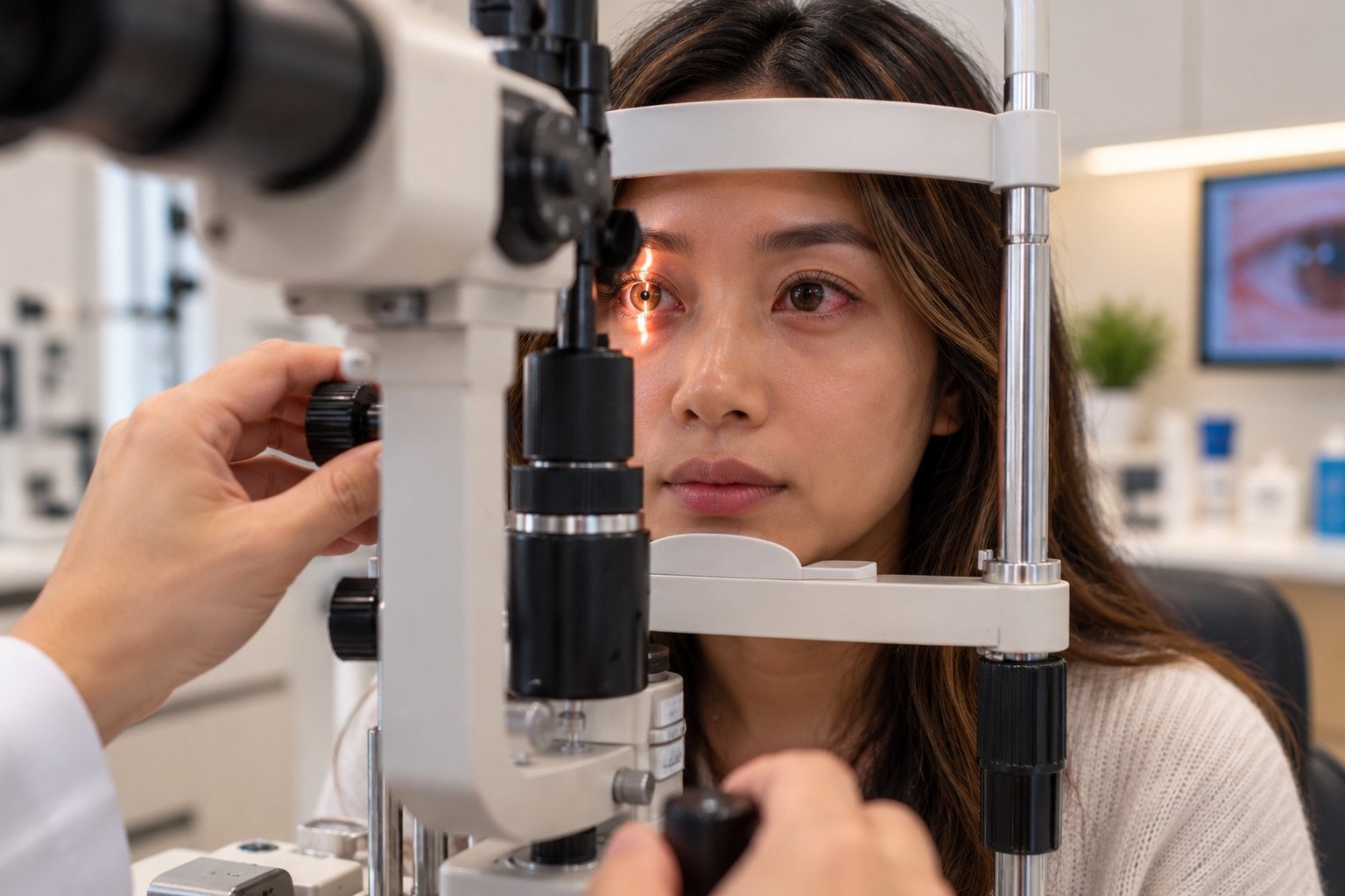 Patient having a slit lamp exam for an urgent eye problem