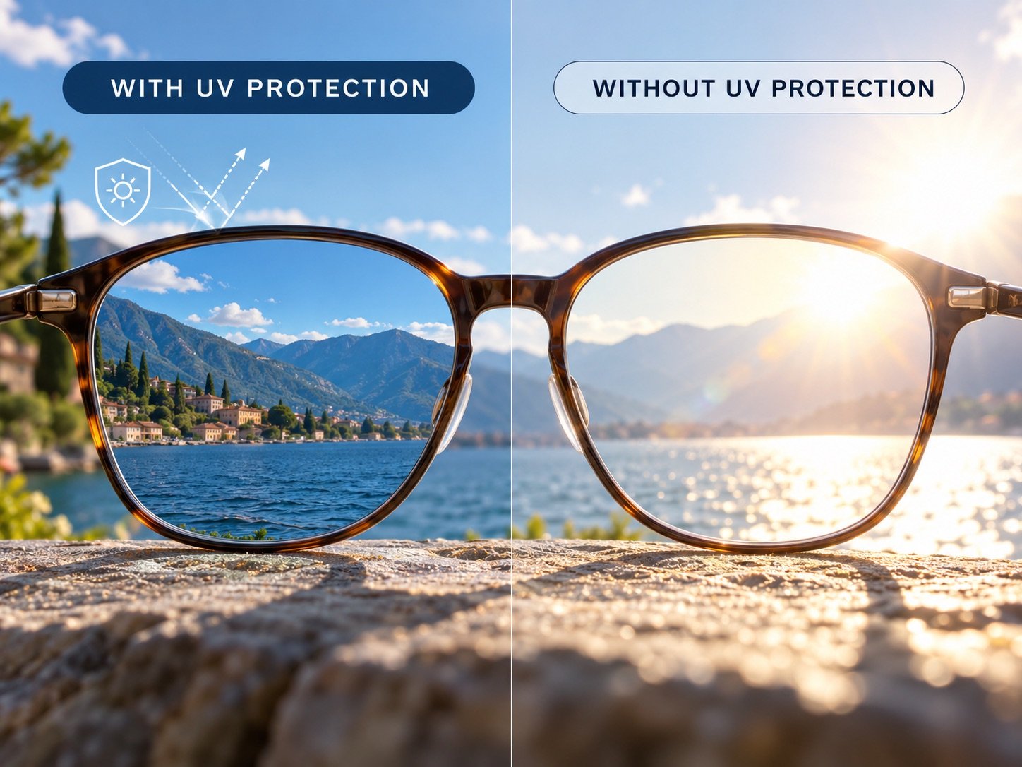 Eyeglass lenses with and without UV protection on a sunny day