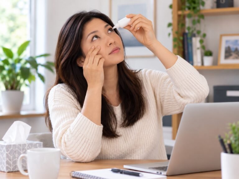 Woman applying eye drops for dry eyes at her desk