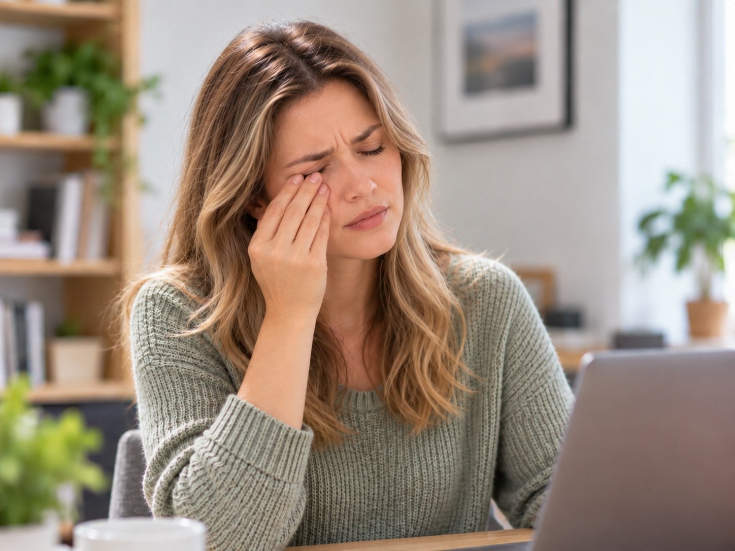 Woman holding her painful eye in discomfort while working at a laptop